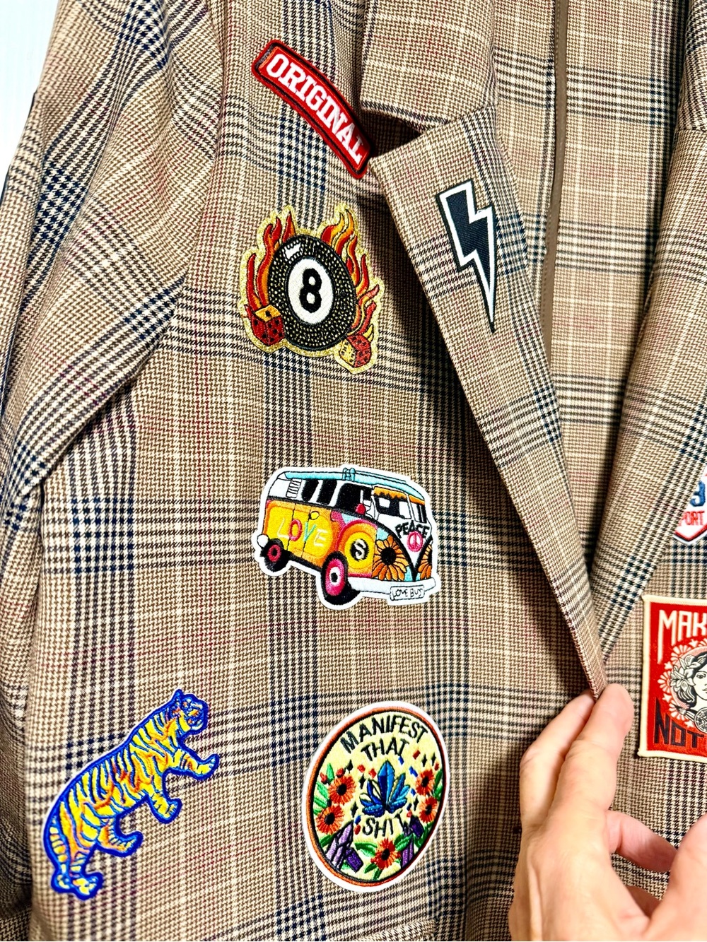 Upcycled Old Navy Plaid Blazer with Colorful Embroidered Patches - Picture 5 of 13